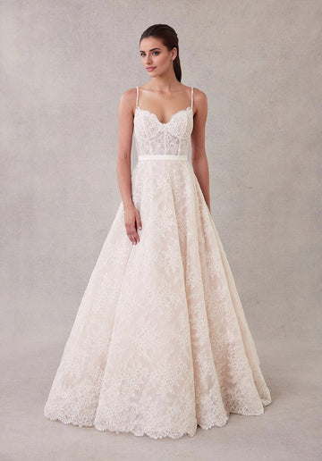 Lace Sweetheart Spaghetti Straps Wedding Gown with Scalloped Hem and Satin Back Bow